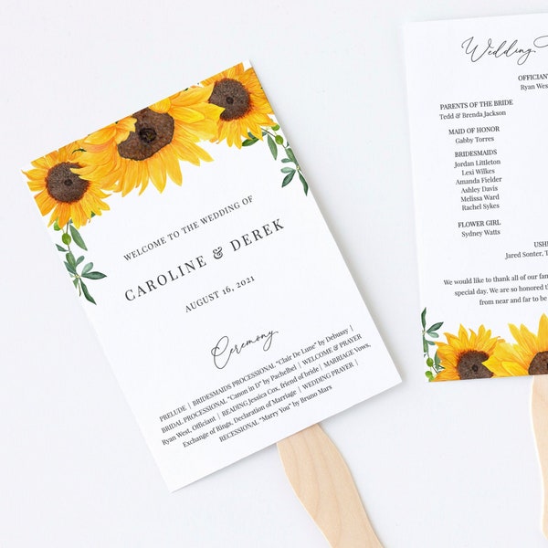 Maybelle - Sunflower Wedding Program Fan, Floral Wedding Program Template, Fan or Flat Wedding Ceremony Program, Editable Instant Download