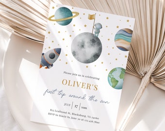 EDITABLE Outer Space First Birthday Invitation, First Trip Around The Sun, Galaxy Blast Off Invite, Template Instant Download - Apollo