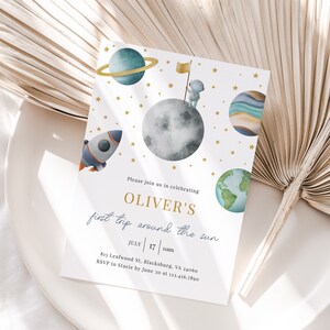 EDITABLE Outer Space First Birthday Invitation, First Trip Around The Sun, Galaxy Blast Off Invite, Template Instant Download - Apollo