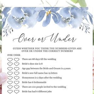Over or Under Game, Bridal Shower Games Printable, Dusty Blue Floral, Editable Template Instant Download - Alya