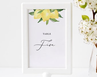 Lyla - Lemon Wedding Table Number Template, Summer Citrus Table Number Card, 5x7 and 4x6, Editable Template, Instant Download