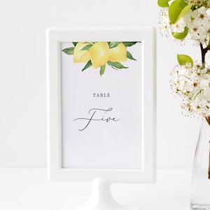 Lyla - modelo de número de mesa de casamento de limão, cartão de número de mesa cítrica de verão, 5x7 e 4x6, modelo editável, download instantâneo