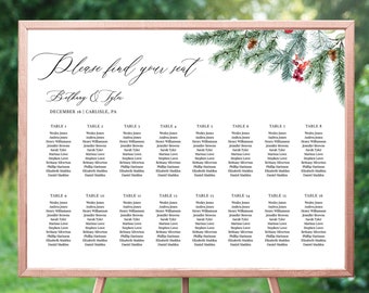 Noella - Christmas Pine Seating Chart Template, Horizontal Elegant Seating Chart Poster, Printable Template Instant Download