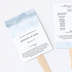 Cece - Watercolor Wedding Program Fan Template, Modern Elegant Dusty Blue, Wedding Ceremony Program, 100% Editable, Instant Download