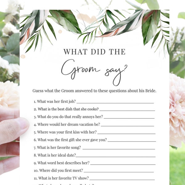 Malie - What Did the Groom Say, Bridal Shower Games Printable, Elegant Tropical Green Blush Pink Palm Leaves, Editable Instant Download