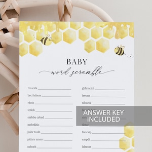 Baby Word Scramble Game, Honey Bee Baby Shower Games Printable, Honeycomb Bee Baby Games, Editable Template, Instant Download - Bailee