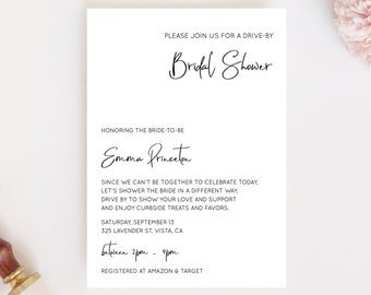 Lillie - Drive By Bridal Shower Invitation, Simple Modern Script, Drive Through Bridal Shower Invite, 100% Editable, Instant Download