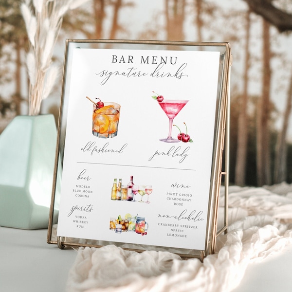 Handtekening drankbord, minimalistische barmenusjabloon, modern bewerkbaar drankmenu, afdrukbaar barmenu, 3000+ afbeeldingen, bewerkbare sjabloon - Emelia