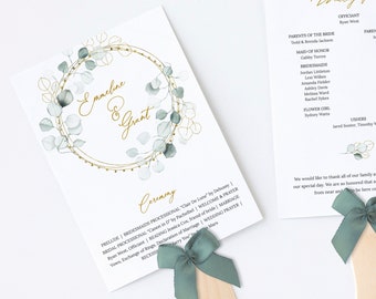 Lola - Eucalyptus Wreath Wedding Program Template, Greenery and Gold Wedding Program Fan, Wedding Ceremony Program, 100% Editable