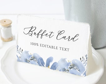 Buffet Card Template, Dusty Blue Wedding Food Label, Floral Wedding Buffet Labels, 100% Editable, Instant Download - Alya