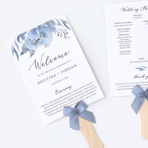 Alya - Wedding Program Fan Template, Soft Dusty Blue & Gray, Wedding Ceremony Program, 100% Editable, Instant Download