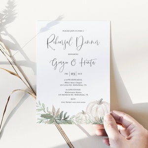 Rehearsal Dinner Invitation Template, Elegant Fall Pumpkin, Sage Green and White, 100% Editable Invitation Instant Download - Whitley