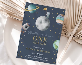 Apollo - Editable Houston We Have A One Year Old, Outer Space First Birthday Invitation, Galaxy Blast Off Invite, Template Instant Download