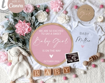 Girl Digital Pregnancy Announcement for Social Media, Editable Letter Board Pregnancy Announcement, Baby Girl Announcement, Instant Download