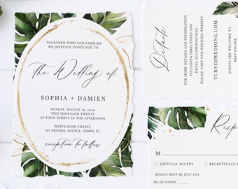 Nalani - Tropical Wedding Invitation Template Download, Monstera Palm Leaves Wedding Invitation Suite, 100% Editable, Instant Download