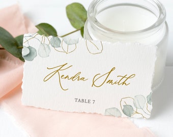 Lola - Greenery and Gold Wedding Place Card Template, Eucalyptus Wedding Name Card, Printable Escort Card, 100% Editable, Instant Download