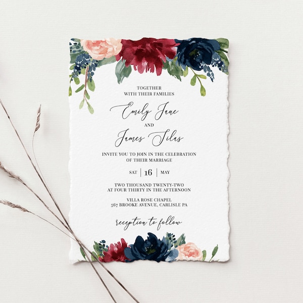 Mara - Wedding Invitation Template Download, Floral Fall Wedding Invite, Burgundy Navy Floral, 100% Editable, Instant Download