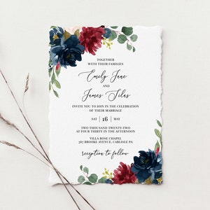 Mara - Wedding Invitation Template Download, Burgundy Navy Floral Wedding Invite, Fall Wedding Invitation, 100% Editable, Instant Download