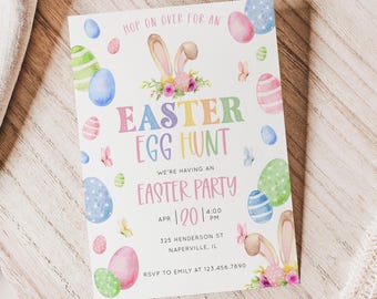 Easter Egg Hunt Invitation, Easter Egg Party Invite Template, Floral Easter Bunny Invitation, Editable Instant Download - Bonny