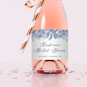 Mini Champagne Bottle Labels Template, Dusty Blue Floral, Bridal Shower Mini Wine Bottle Labels, Instant Download - Alya