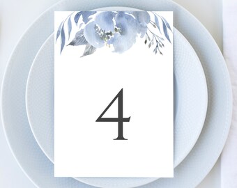 Floral Wedding Table Number Template, Dusty Blue & Gray Table Number Card, 5x7 and 4x6, Editable Template, Instant Download - Alya