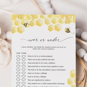 Over or Under Baby Shower Game, Honeybee Baby Shower Games Printable, Honeycomb Baby Games, Editable Template, Instant Download - Bailee