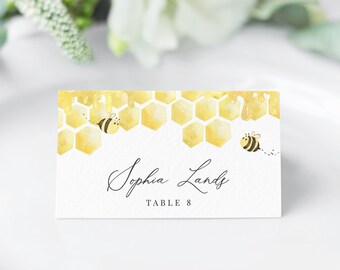 Honey Bee Place Card Template, Honeycomb Bumble Bee Wedding Name Card, Printable Escort Card, Editable Instant Download - Bailee