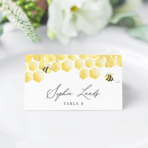 Honey Bee Place Card Template, Honeycomb Bumble Bee Wedding Name Card, Printable Escort Card, Editable Instant Download Bailee image 1