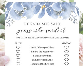 He Said She Said, Guess Who Said It, Bridal Shower Games Printable, Dusty Blue Gray Floral, Editable Template Instant Download - Alya