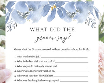 What Did the Groom Say, Dusty Blue Gray Bridal Shower Games, Printable Wedding Games, Editable Template Instant Download - Alya