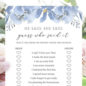 He Said She Said, Guess Who Said It, Bridal Shower Games Printable, Dusty Blue Gray Floral, Editable Template Instant Download - Alya