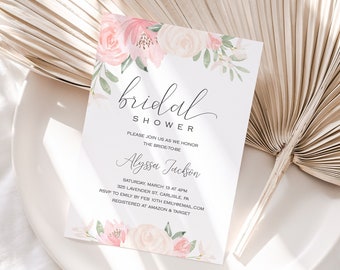 Editable Bridal Shower Invitation, Blush Pink Bridal Shower Invite, Boho Floral Bridal Shower Invitation Instant Download - Alena