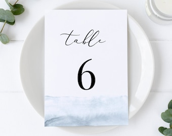 Cece - modèle aquarelle de numéro de Table de mariage, carte de numéro de table bleu poussiéreux moderne, 5 x 7 et 4 x 6, modèle modifiable, téléchargement immédiat