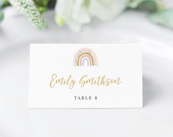 Raylee - Rainbow Place Card Template, Boho Blush Pink Baby Shower Name Card, Printable Rainbow Escort Card, Editable Instant Download