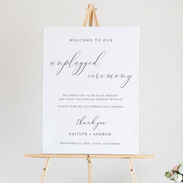 Elegant Unplugged Wedding Sign, Wedding Welcome Sign, Simple Modern, Gray & White, Printable Instant Download - Emelia