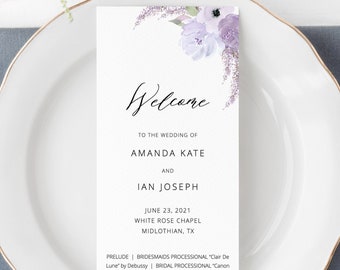 Wedding Program Template, Elegant Lavender Wedding Ceremony Program, Flat Wedding Program, 100% Editable, Instant Download - Lillian