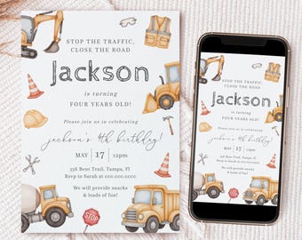 May include: Construction-themed birthday invitation featuring a watercolor design with construction vehicles, safety cones, and the text "Jackson is turning FOUR YEARS OLD!" Includes a matching invitation on a smartphone.