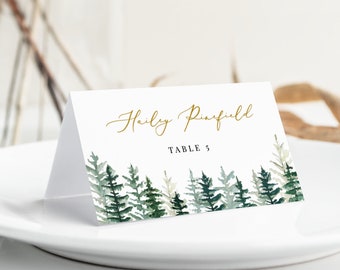 Winter Pines Place Card Template, Wedding Name Card, Printable Place Card, 100% Editable, Instant Download - Juniper