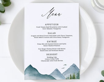Clara - Plantilla de menú de boda de montaña, tarjeta de menú de boda de pino rústico, menú de boda imprimible, 5x7 y 4x9, descarga instantánea editable