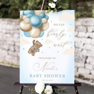 Junge-Baby-Dusche Willkommen Schild Vorlage, Teddybär-Baby-Dusche Willkommen Poster, Bär Ballons Dusche, Printable Instant Download - blau