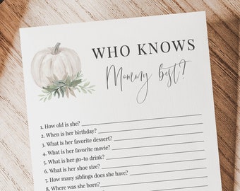 Who Knows Mommy Best Game, White Pumpkin Fall, Baby Shower Games Printable, Gender Neutral, Editable Template, Instant Download - Whitley