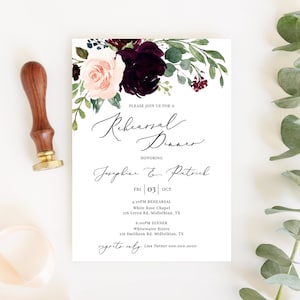 Bethany - Rehearsal Dinner Invitation, Burgundy Blush Floral, Rehearsal Dinner Invite, Editable Invitation Instant Download