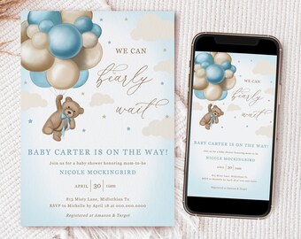 Editable Bear Baby Shower Invitation Template, Brown Bear Balloon Invitation, Boy Bearly Wait Baby Shower Invite, Instant Download - Blue