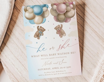 Bear Gender Reveal Invitation Template, He or She Gender Reveal Invite, Bear Balloons Gender Reveal, Editable Instant Download - Bryce
