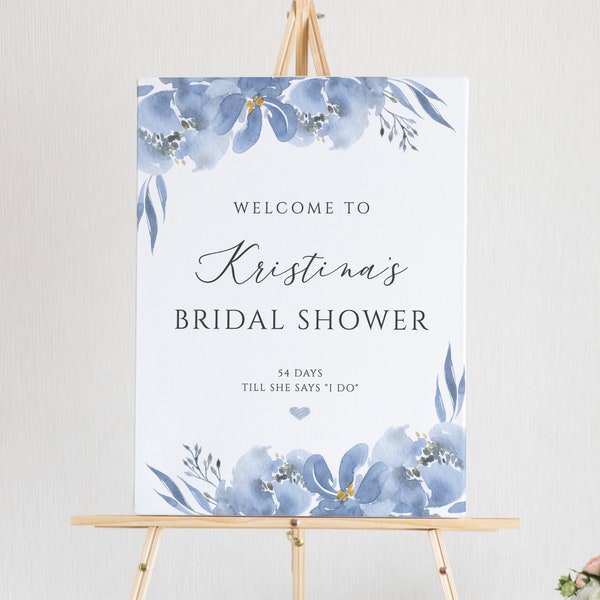 Dusty Blue Bridal Shower Welcome Sign, Bridal Shower Welcome Poster, Elegant Blue and Gray Floral, Printable Instant Download - Alya