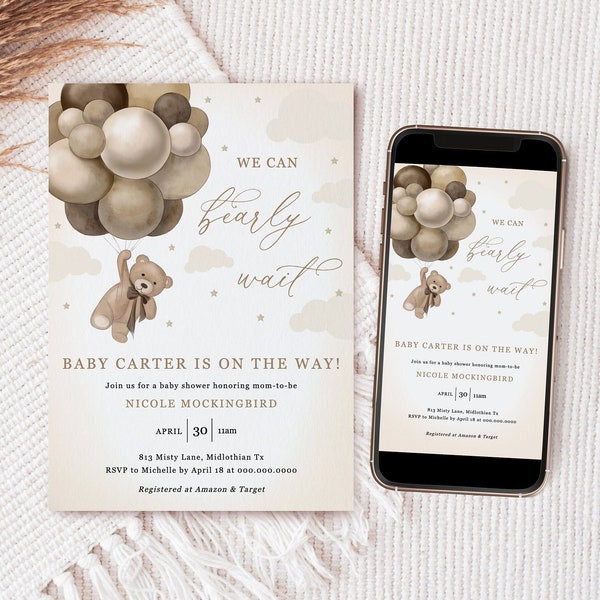 Editable Bear Baby Shower Invitation Template, Bear Balloon Invitation, Bearly Wait Baby Shower, Gender Neutral, Instant Download - Harper