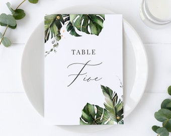 Nalani - Tropical Wedding Table Number Template, Monstera Palm Leaves Table Number Card, 5x7 and 4x6, Editable Template, Instant Download