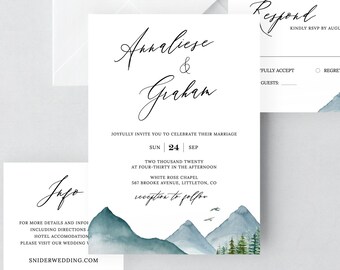 Clara - Mountain Wedding Invitation Template Download, Rustic Pine Woodland Wedding Invitation Suite, 100% Editable, Instant Download