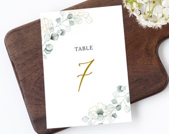 Lola - Greenery and Gold Wedding Table Number Template, Eucalyptus Table Number Card, 5x7 and 4x6, Editable Template, Instant Download