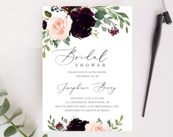 Bethany - Bridal Shower Invitation, Burgundy & Blush Floral Bridal Shower Invite, Try Before You Buy, Editable Template, Instant Download
